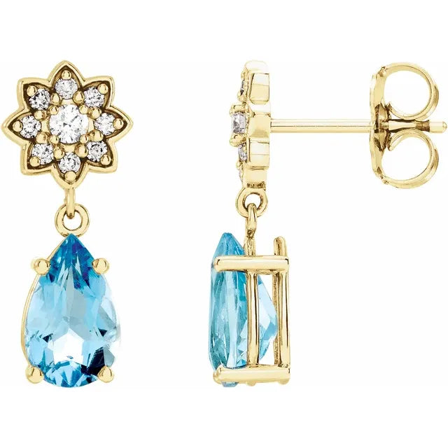 14K Aquamarine & 1/6 CTW Diamond Cluster Earrings