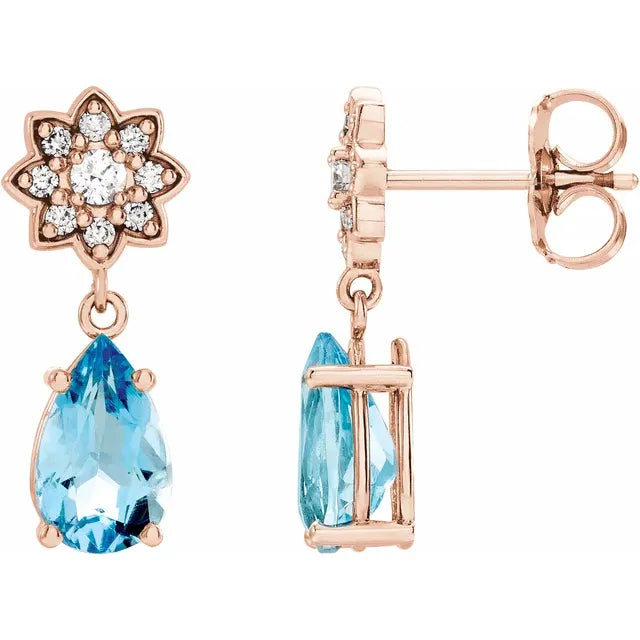 14K Aquamarine & 1/6 CTW Diamond Cluster Earrings