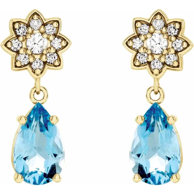 14K Aquamarine & 1/6 CTW Diamond Cluster Earrings