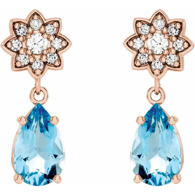 14K Aquamarine & 1/6 CTW Diamond Cluster Earrings
