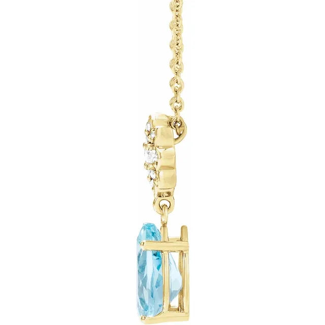 Aquamarine & Diamond Flower Drop Pendant Necklace .08 CTW 16-18 Inches