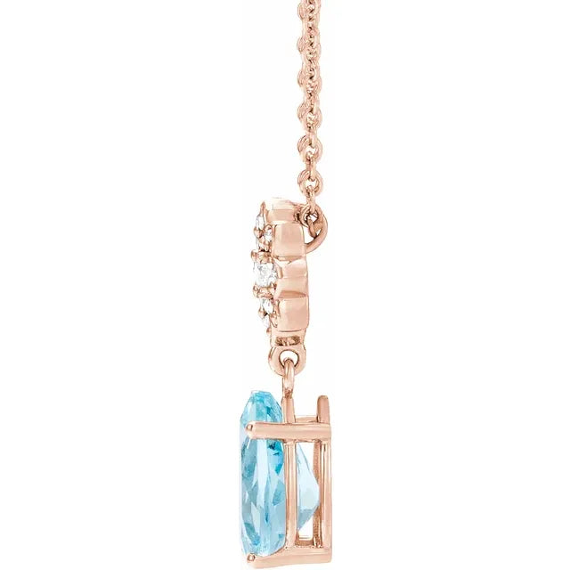Aquamarine & Diamond Flower Drop Pendant Necklace .08 CTW 16-18 Inches