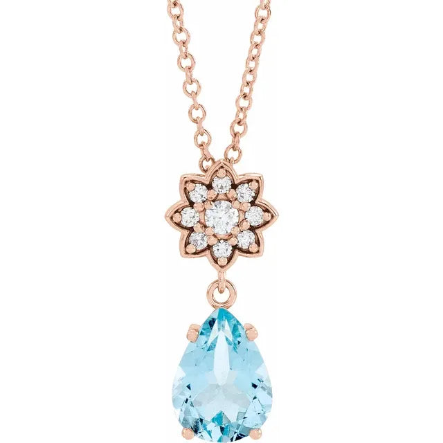 Aquamarine & Diamond Flower Drop Pendant Necklace .08 CTW 16-18 Inches