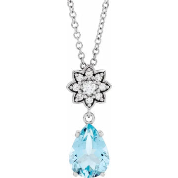 Aquamarine & Diamond Flower Drop Pendant Necklace .08 CTW 16-18 Inches