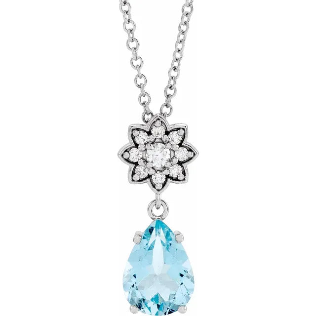 Aquamarine & Diamond Flower Drop Pendant Necklace .08 CTW 16-18 Inches