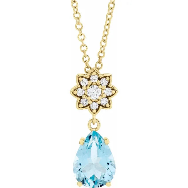 Aquamarine & Diamond Flower Drop Pendant Necklace .08 CTW 16-18 Inches