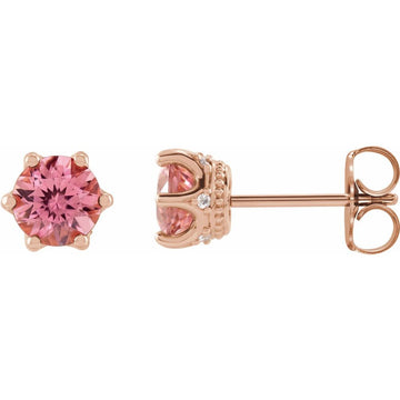 14K Rose Gold 5 mm Natural Pink Tourmaline & 0.03 CTW Natural Diamond Crown Earrings