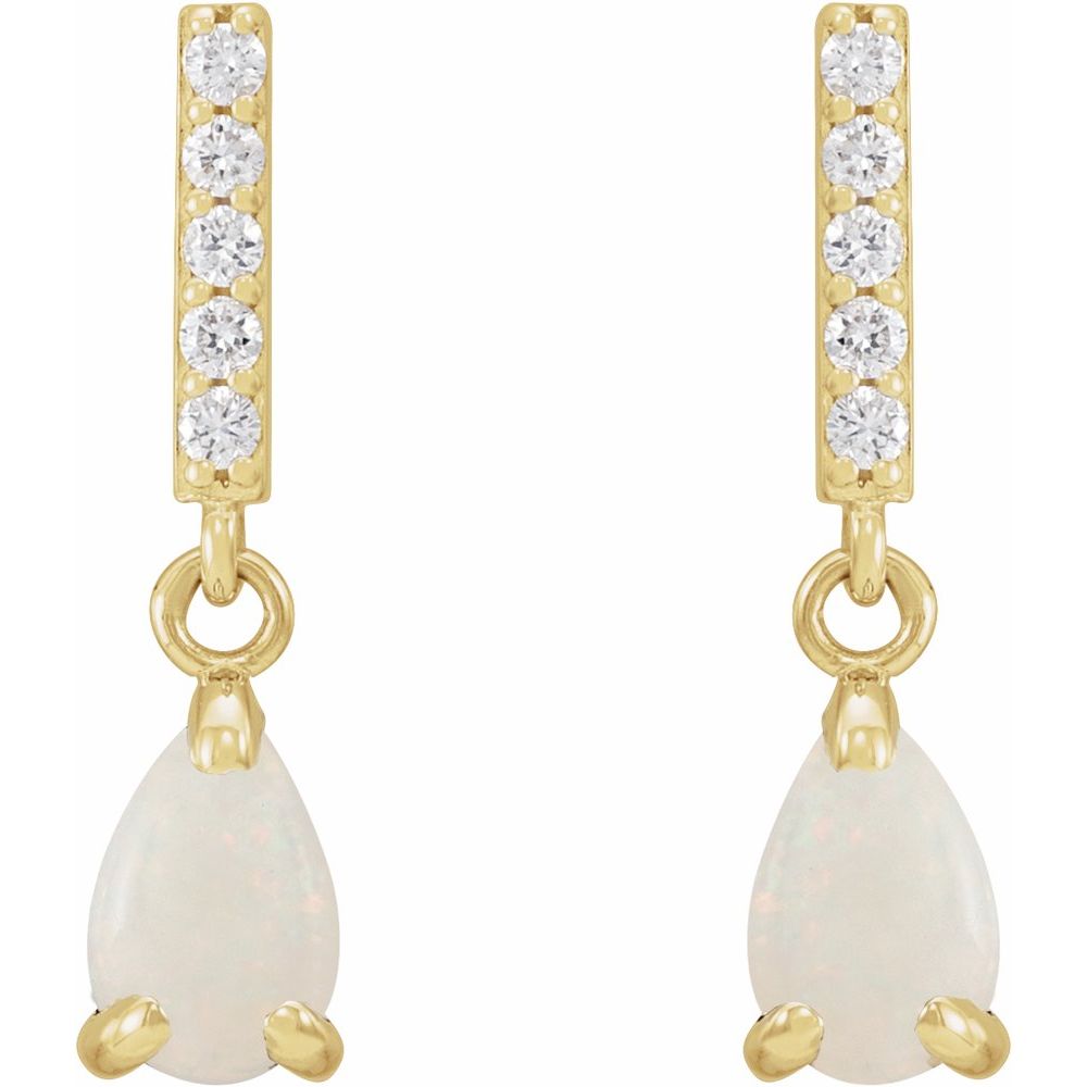 14K Yellow Gold Natural White Opal & .08 CTW Diamond Dangle Bar Drop Earrings