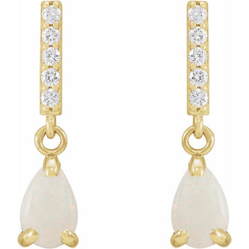 14K Yellow Gold Natural White Opal & .08 CTW Diamond Dangle Bar Drop Earrings