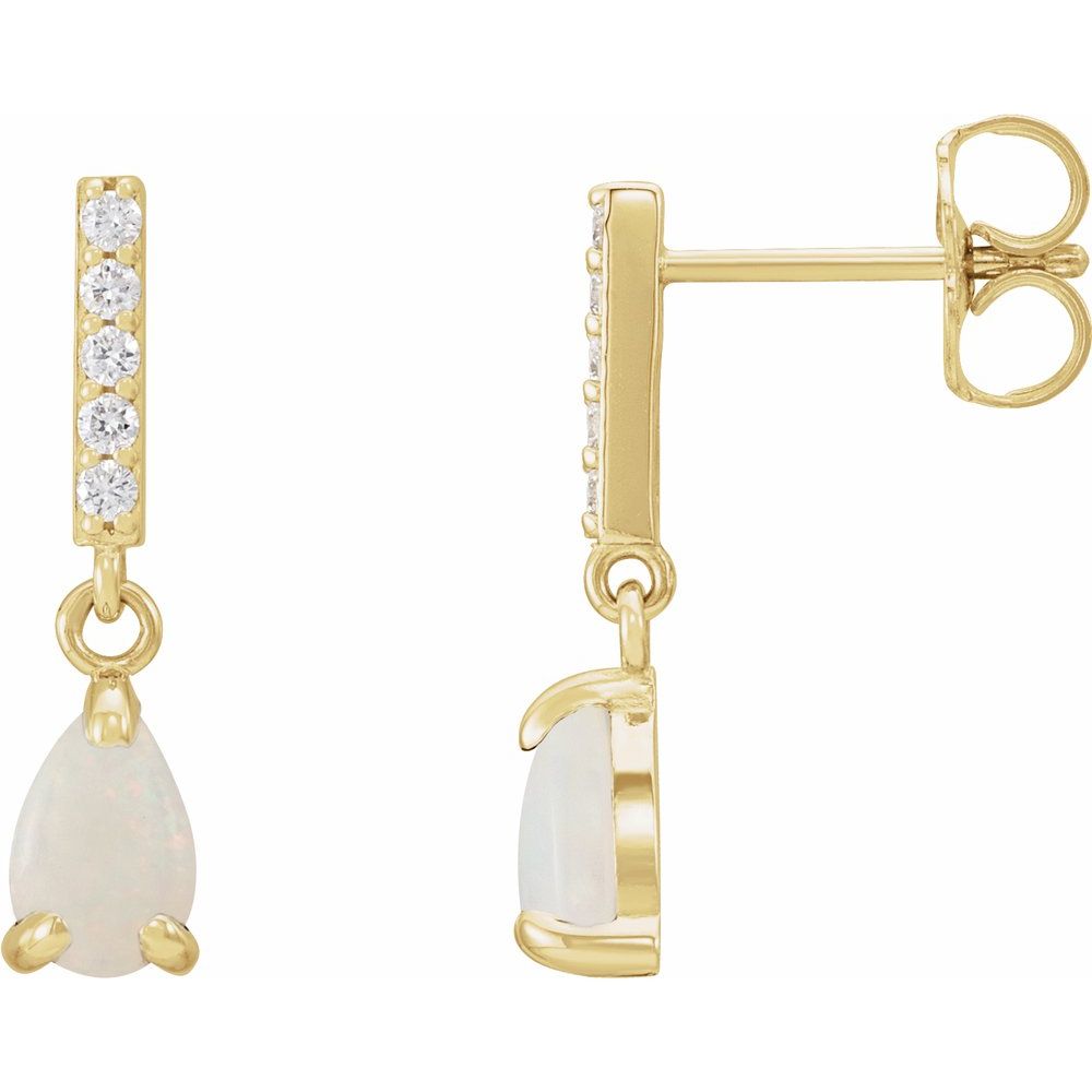 14K Yellow Gold Natural White Opal & .08 CTW Diamond Dangle Bar Drop Earrings