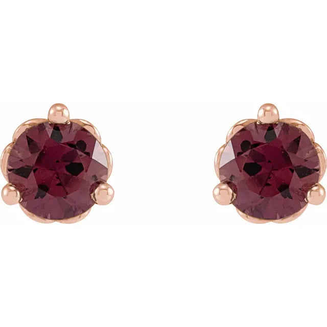 Natural Rhodolite Garnet Heart Detail 3 Prong Solitaire Stud Earrings