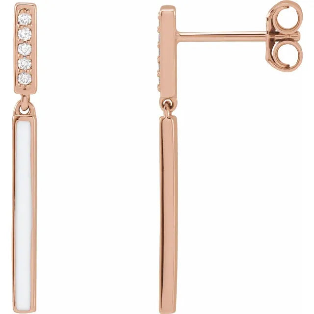Natural Diamond & Enamel Bar Drop Stud Earrings