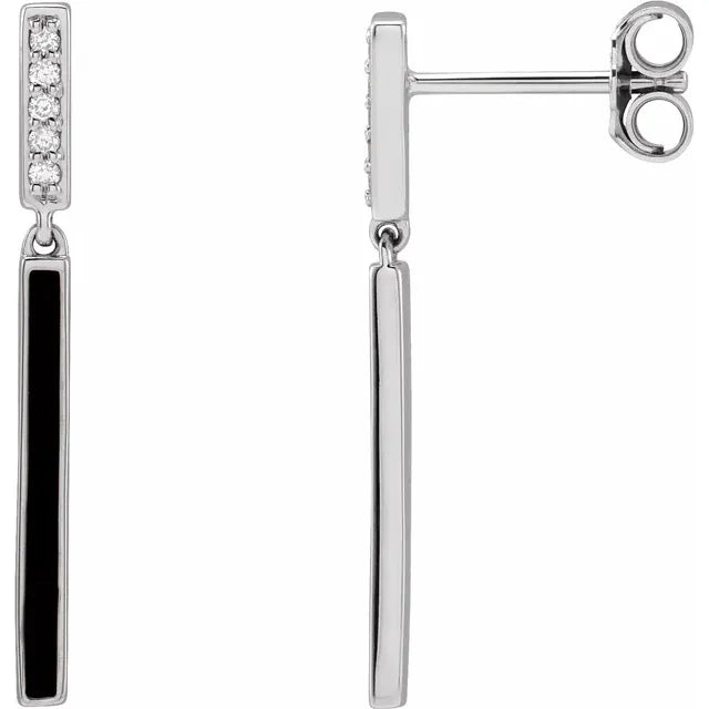 14K .06 CTW Natural Diamond & Black Enamel Bar Earrings