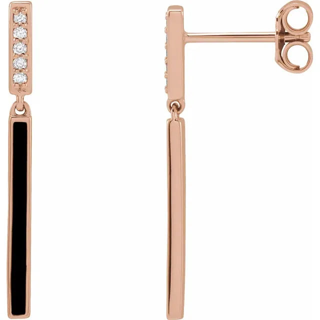 14K .06 CTW Natural Diamond & Black Enamel Bar Earrings