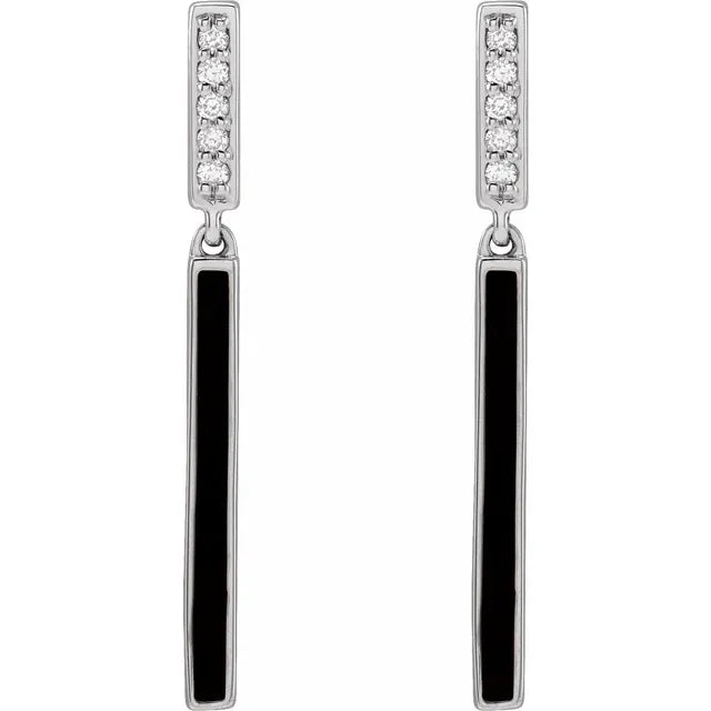 14K .06 CTW Natural Diamond & Black Enamel Bar Earrings