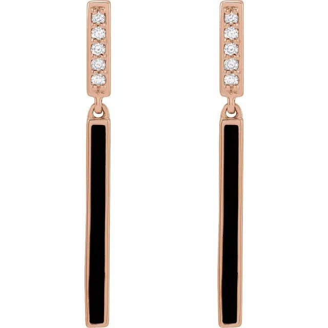 14K .06 CTW Natural Diamond & Black Enamel Bar Earrings