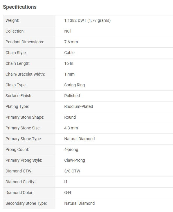 14K White Gold 1/3 CTW Natural Diamond Solitaire Pendant Necklace – 16" Cable Chain